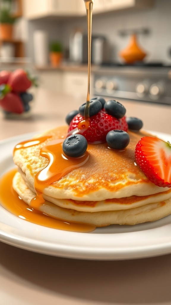 A fluffy pancake on a plate topped with syrup and fresh berries.
